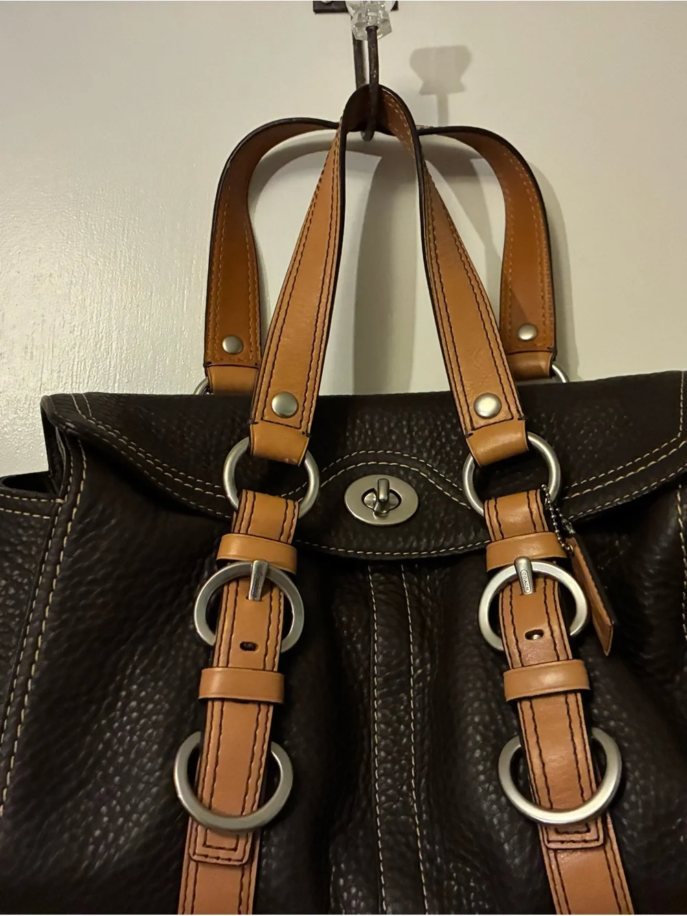 Women’s Brown Leather Tote with Tan Strap Accents